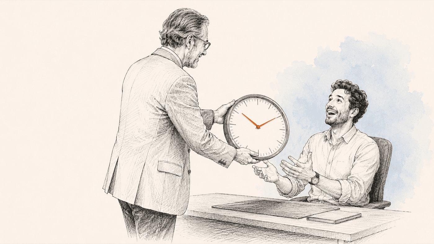 Inkttekening: een man in pak geeft een grote wandklok met oranje wijzers aan een lachende collega achter een bureau