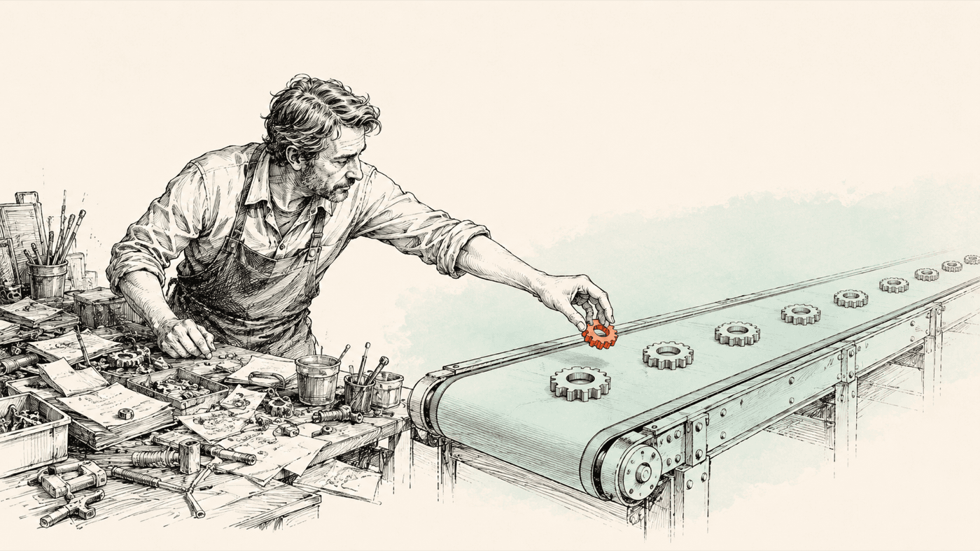 Inkttekening: een vakman aan een rommelige werkbank zet een oranje tandwiel op een lopende band met identieke tandwielen