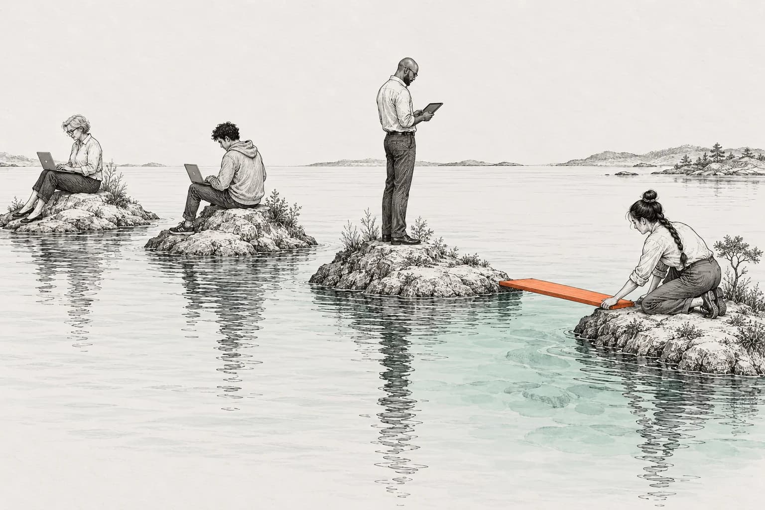 Vier collega's zitten elk alleen op een eigen eilandje met een laptop; één vrouw legt een oranje plank naar het eiland ernaast.