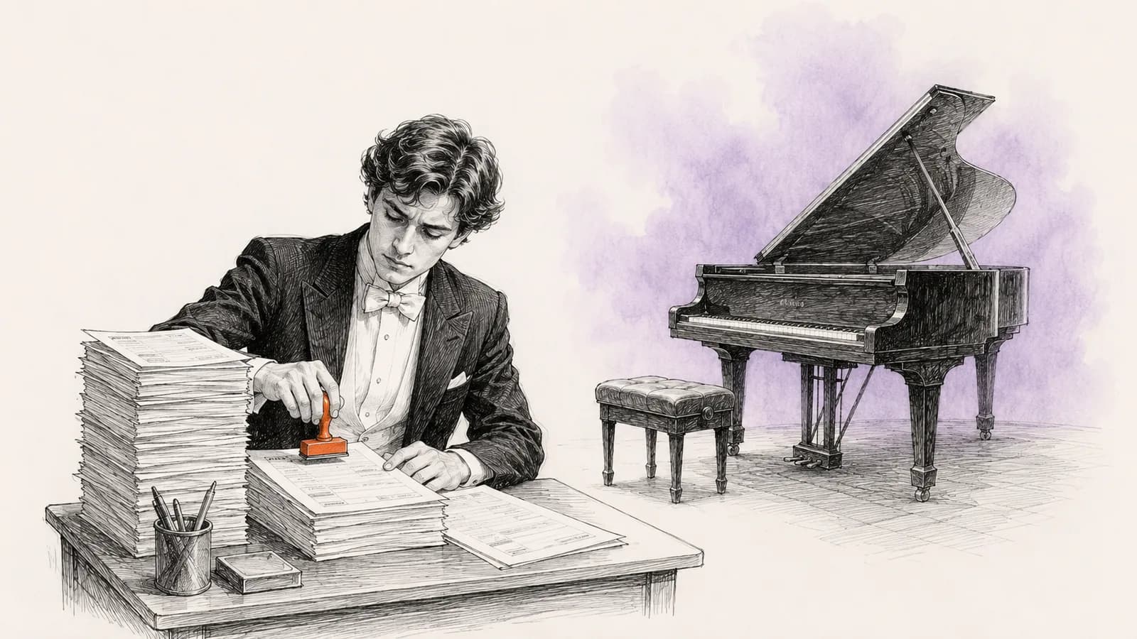 Een pianist in avondkleding stempelt formulieren, de vleugel achter hem blijft dicht