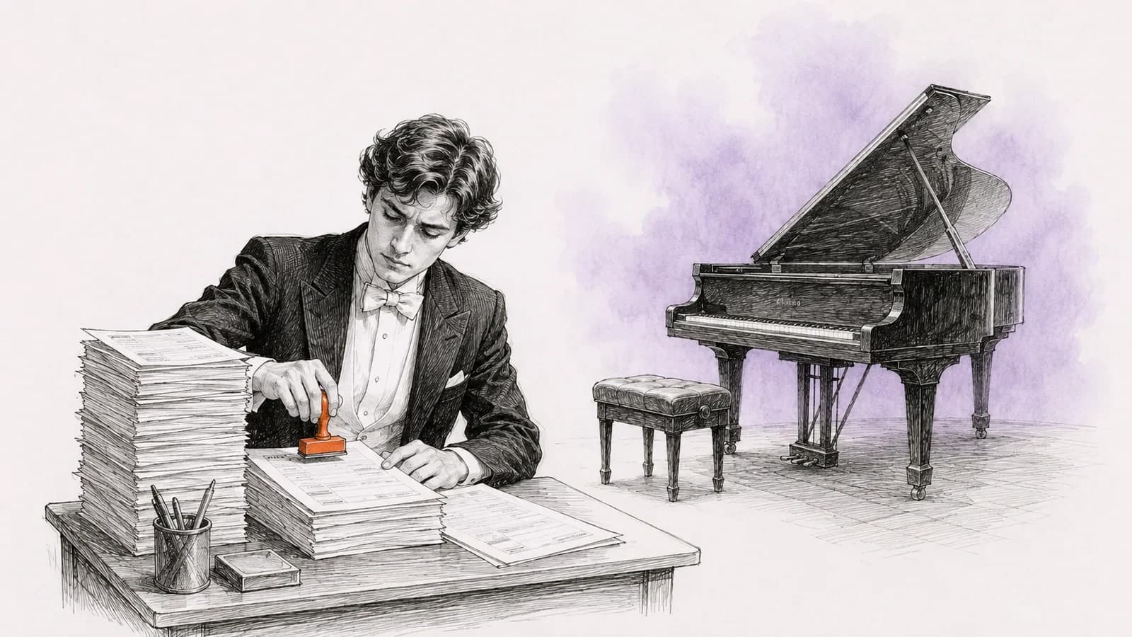 Een pianist in avondkleding stempelt formulieren, de vleugel achter hem blijft dicht