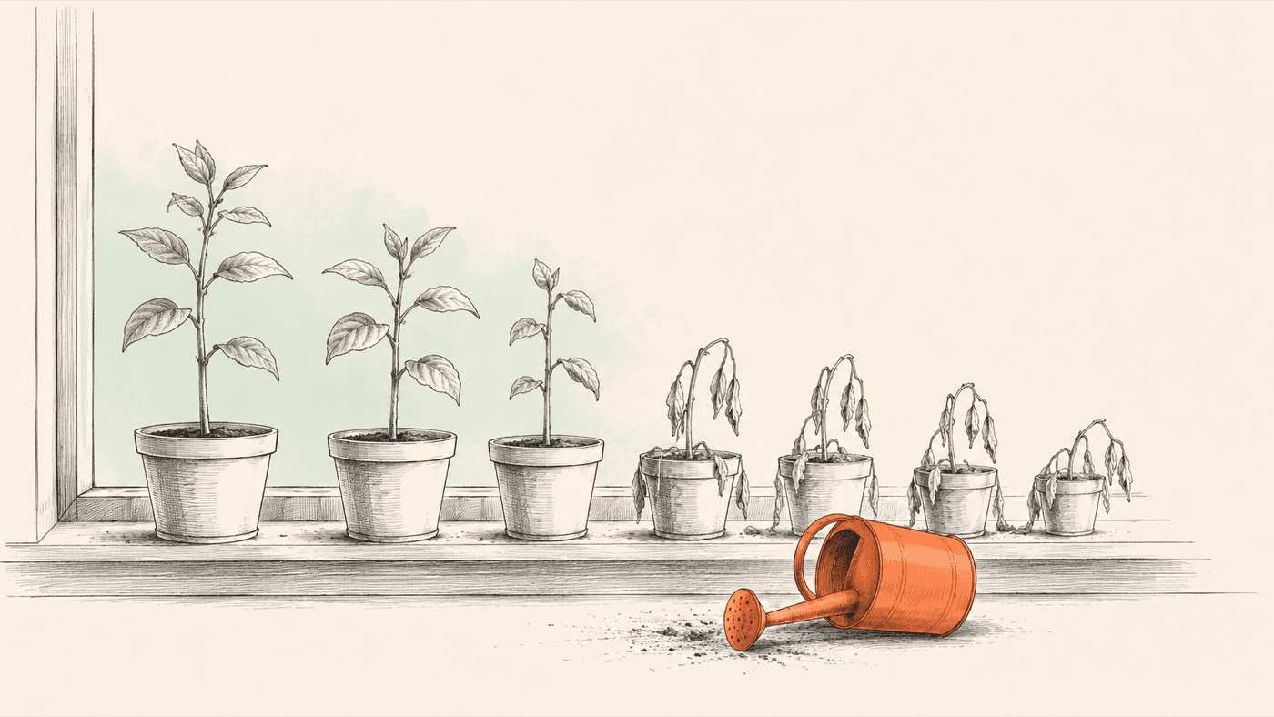 Inkttekening: een rij plantjes in potten op een vensterbank, van links gezond naar rechts verwelkt, met een omgevallen oranje gieter ervoor
