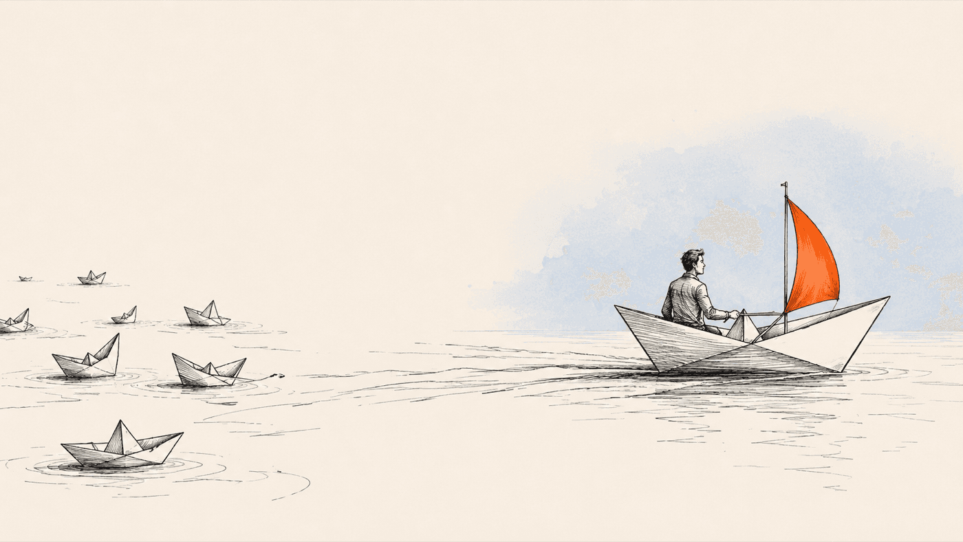 Inkttekening: een man stuurt een papieren bootje met een oranje zeil, achter hem drijven kleinere papieren bootjes zonder richting