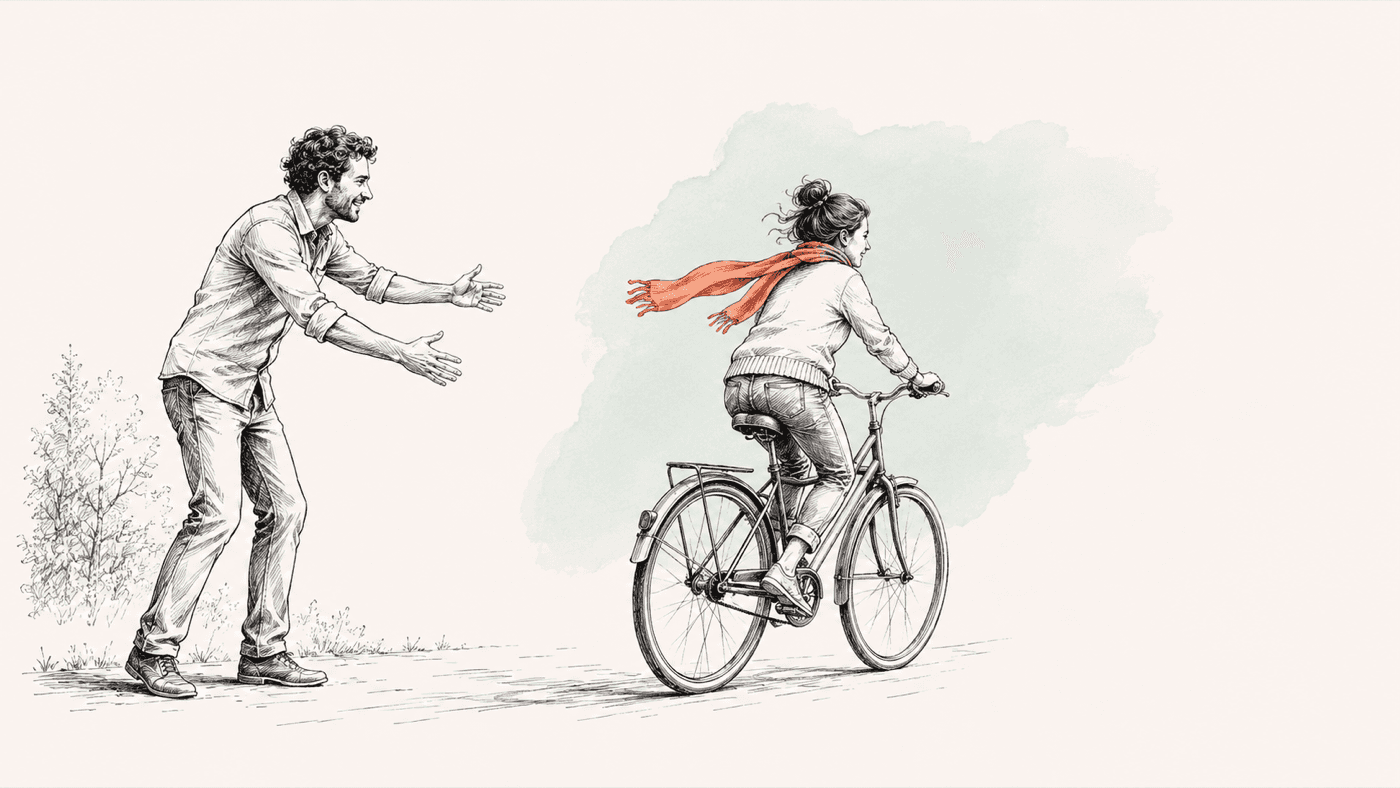 Inkttekening: een vrouw met een oranje sjaal fietst zelfstandig weg terwijl een man met uitgestrekte armen achterblijft